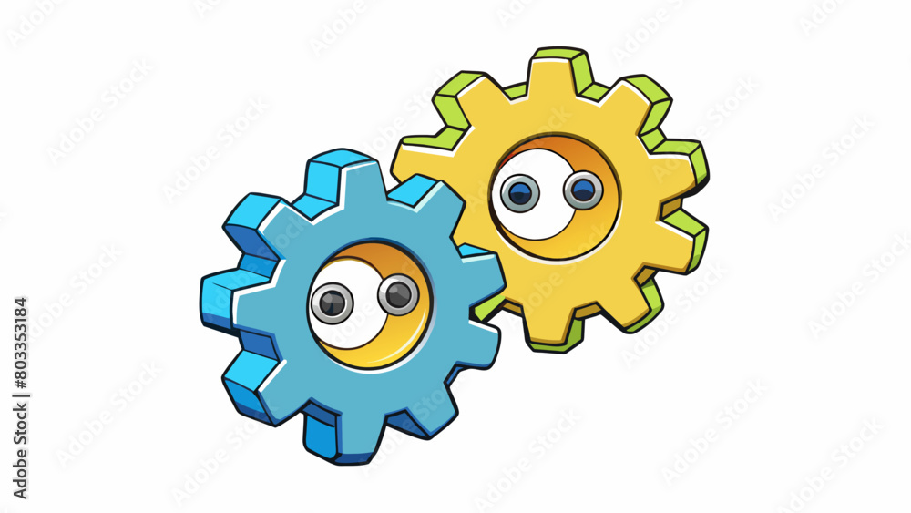 Aufkleber Two flat round plates with matching teeth around the edges connected by a shaft and used to transmit motion and power between different parts of a. Cartoon Vector