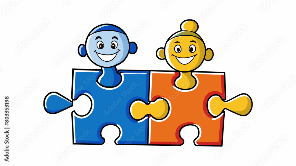 Poster Two puzzle pieces fitting perfectly together symbolizing the complementary association between two individuals or ideas.. Cartoon Vector