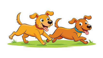 Two dogs playing together in a dog park Two dogs running chasing and tussling with each other in a grassy area. Their body language suggests they are. Cartoon Vector