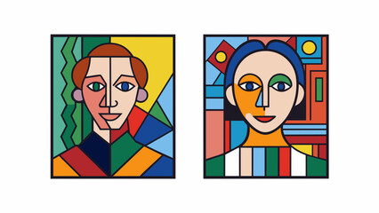 Two paintings one is a colorful abstract piece with bold brushstrokes and geometric shapes while the other is a realistic detailed portrait with muted. Cartoon Vector