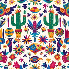 Mexican culture collage with traditional symbols, like cactus and marigold flowers. White background Seamless pattern