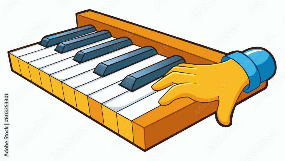 Poster When playing a musical instrument pressing is the action of pressing down on the strings or keys to create sound. For example on a guitar pressing. Cartoon Vector