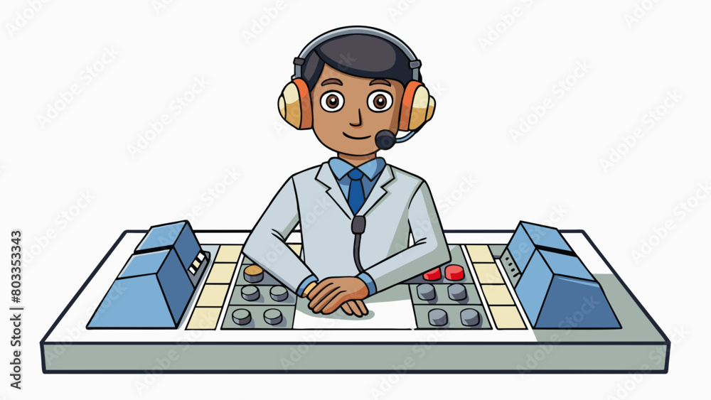 Poster with headphones over their ears the director sat in front of the control panel monitoring every aspe