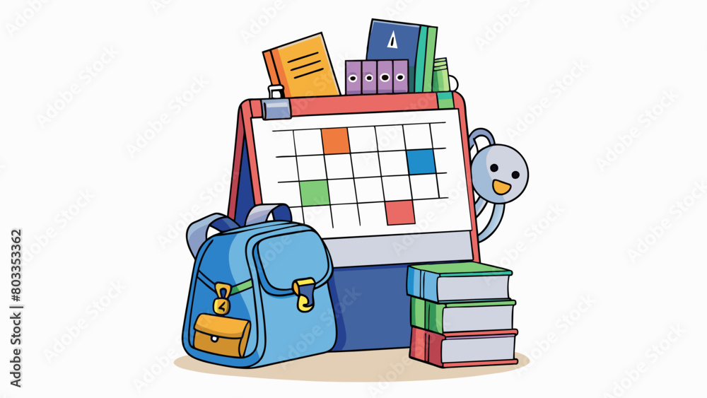 Poster A backpack overflowing with binders notebooks and textbooks with a class schedule hanging on the wall. The student has organized their materials by. Cartoon Vector