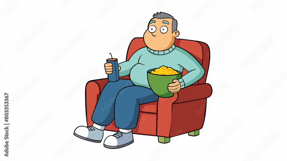 Poster a balding man in sweatpants and a faded college sweatshirt lounging on a lazboy recliner with a bowl