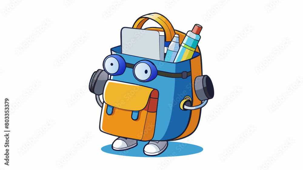 Poster a backpack overstuffed with notebooks headphones and a water bottle exemplifying the busy and active