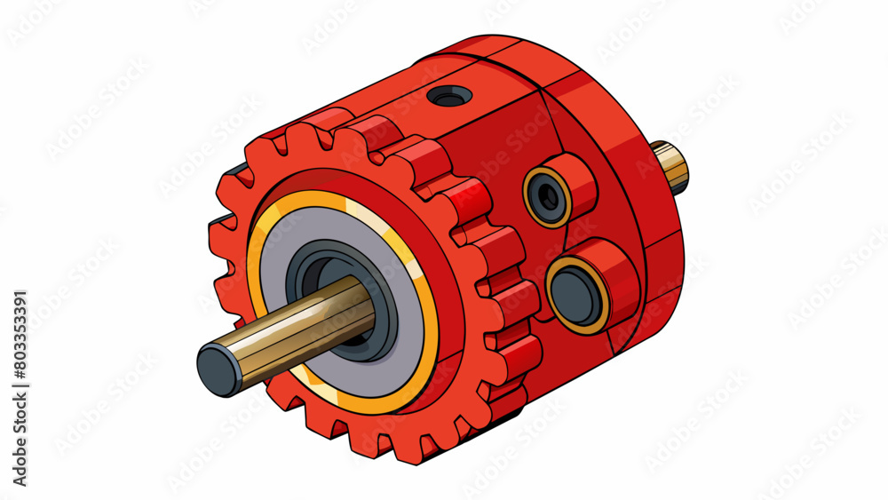 Poster With its distinct bright red color and compact size this industrial gear reducer is designed for use in tight spaces and features high precision gears. Cartoon Vector