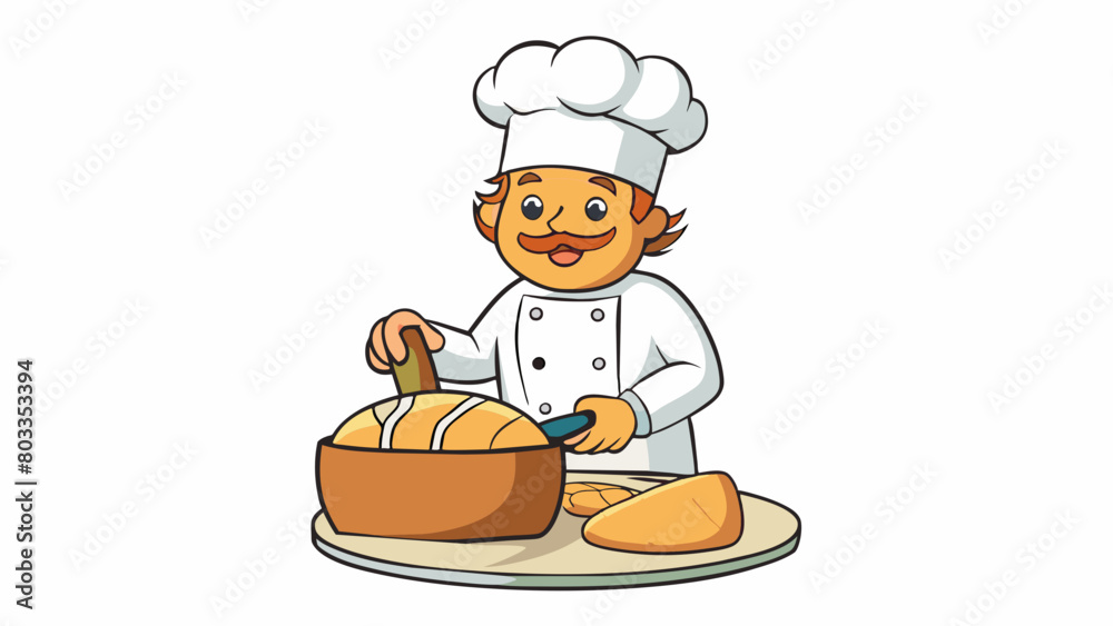 Poster A baker kneading dough and proving it to rise into a fluffy loaf of bread. The ingredients combine and ferment changing colors and textures as the. Cartoon Vector