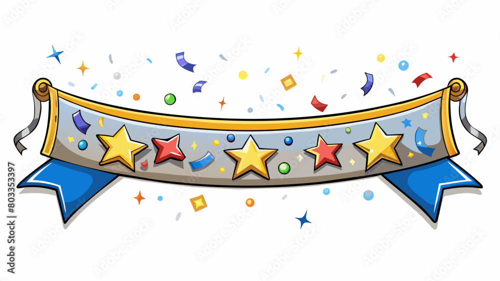 Poster A banner with large bold letters strung across a room made of shiny silver foil and spelling out a celebratory message with exclamation marks and. Cartoon Vector
