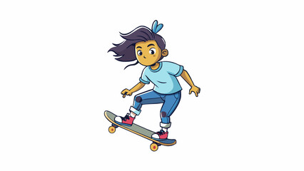 Fototapeta premium With her skateboard in hand this girl confidently glides through the park with ease her long hair in a messy bun. She wears a graphic tshirt ripped. Cartoon Vector