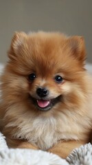 A fluffy Pomeranian puppy with a happy expression on its face