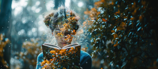 Young woman reading a book, double exposure with forest. Imagination and fantasy concept