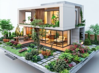 A modern house with a beautiful garden