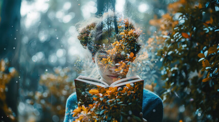 Young woman reading a book, double exposure with forest. Imagination and fantasy concept - obrazy, fototapety, plakaty
