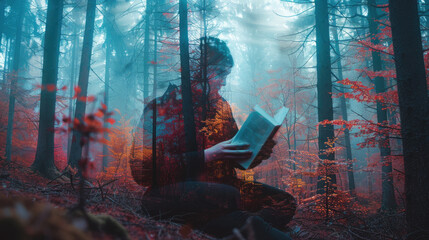 Young man reading a book, double exposure with forest. Imagination and fantasy concept - obrazy, fototapety, plakaty