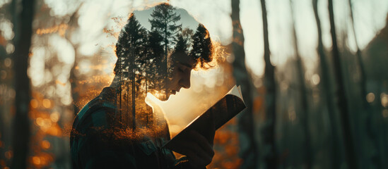 Young man reading a book, double exposure with forest. Imagination and fantasy concept - obrazy, fototapety, plakaty