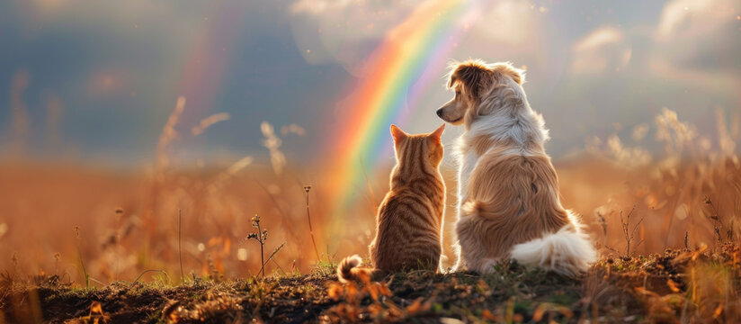 Cat and dog looking at rainbow - concept of pets passing away