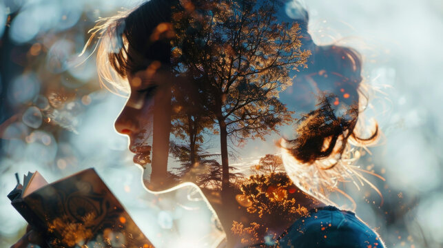 Young woman reading a book, double exposure with forest. Imagination and fantasy concept