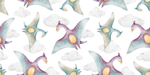 Cute dinosaur flying in clouds. Hand drawn watercolor seamless pattern of dino. Kids background of pterodactylus for children's invitation cards, baby shower, decoration of kid's rooms © Fedulova_art