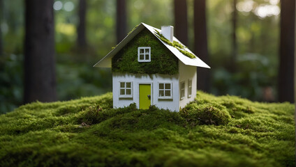 A small white house sits on a bed of green moss in a lush sunlit forest.

