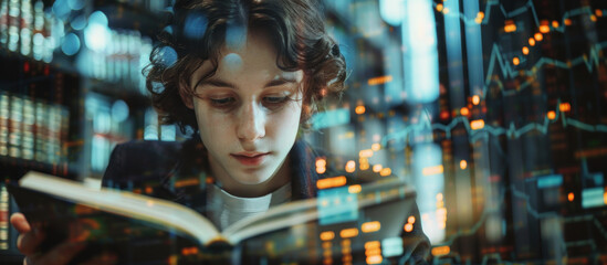 Obraz premium Young man reading a book, double exposure with stock market graphs. Concept of financial education and learning