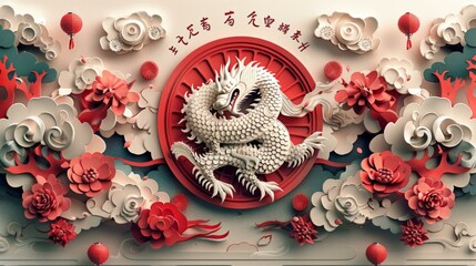 A paper cut illustration of a dragon with red and white flowers and clouds