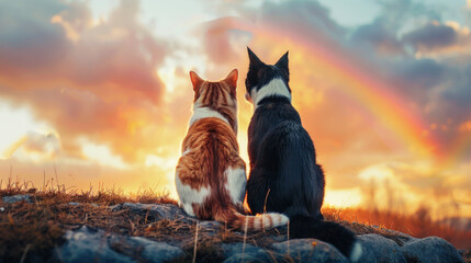 Naklejka premium Cat and dog looking at rainbow - concept of pets passing away