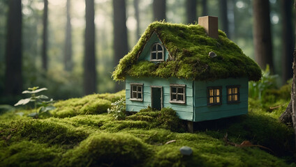 A small white house sits on a bed of green moss in a lush sunlit forest.

