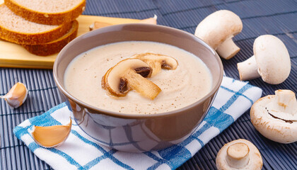Thick creamy mushroom soup with bread and garlic.