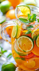 Fototapeta premium Close-up of a refreshing pitcher of agua fresca, garnished with slices of lime and sprigs of mint. Vertical banner