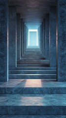 Blue and Gray Concrete Staircase with Bright Light at the End of the Hallway