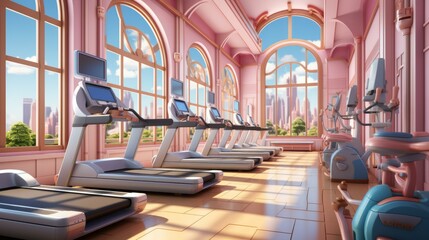 Pink and white gym interior with treadmills and exercise bikes - obrazy, fototapety, plakaty