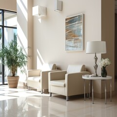 Waiting area with comfortable chairs and a coffee table