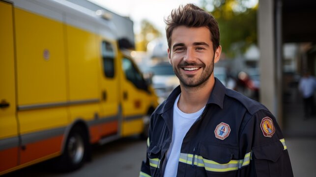 portrait of a smiling young male paramedic in front of an ambulance