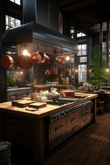 Rustic Kitchen with Large Stove and Copper Pots
