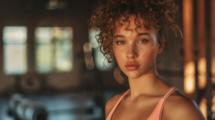 Woman in Gym with Curly Hair - obrazy, fototapety, plakaty