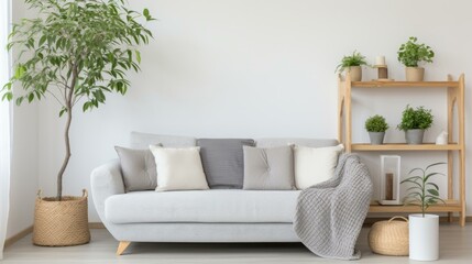 Bright living room with white sofa and green plants