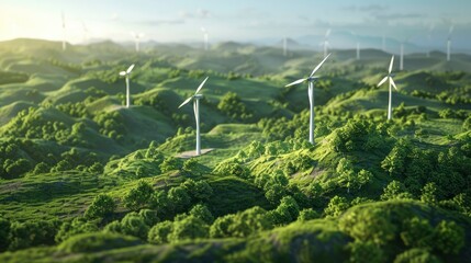 Windmills against the backdrop of a beautiful green landscape. 3D model of a wind park. Eco-friendly Wind turbines for energy production, modern technologies