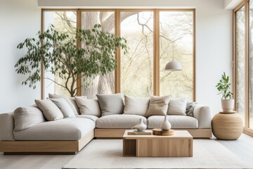 Bright living room with large windows and plants