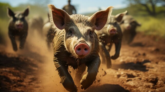 A group of wild pigs running in the mud