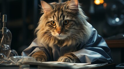 A cat wearing a lab coat is sitting in a laboratory looking at the camera