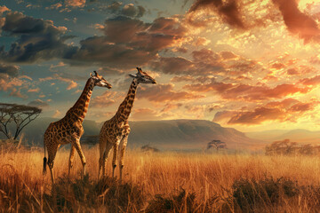 Giraffes stand against the backdrop of savannah nature, beautiful sunset lighting. Animals in the wild