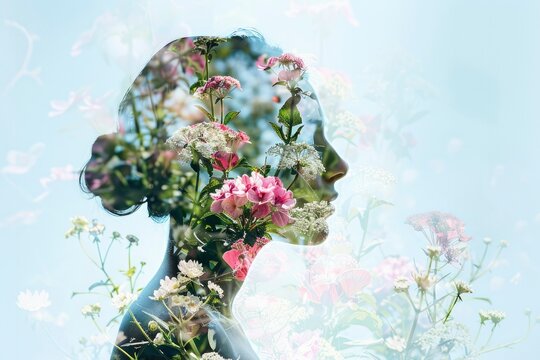 Double exposure of a woman's head and spring flowers. Creative concept of beauty, spring, cosmetology, feminine energy, awakening