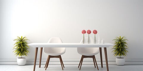 Modern white interior with wooden table, chairs and plants. Vector illustration.