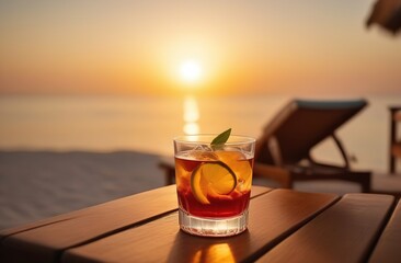 A red cocktail with a slice of lime, mint and ice stands on a bar table on the beach. Sunset after a hot day. Against the backdrop of the sea and sky. - Powered by Adobe