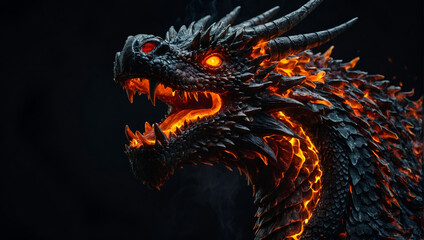 The image shows a black dragon's head with glowing red 