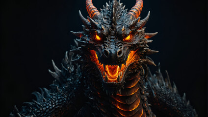The image shows a black dragon's head with glowing red 