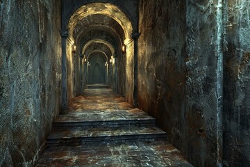 Gloomy dungeon corridor with stone walls and arched openings