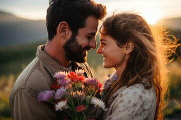 A man and a woman are standing in a field of flowers, smiling at each other.