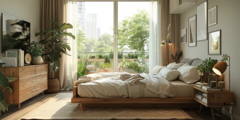 A cozy bedroom with a large bed, plants, and a view of the city